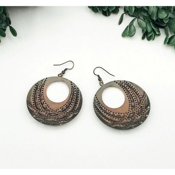 Antique Copper & Turquoise Patina Dangle Earrings With Ornate Circular Design - Picture 3 of 3